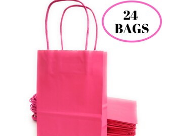 kelkaa Party Kraft Paper Bags, 24pcs 5.25&quot;X3.5&quot;X8.5&quot;, Gift Bags with Handles for Birthday Party Favors, wedding, Hot Pink (Small)