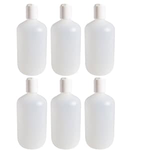kelkaa 16oz HDPE Durable Plastic Boston Round Bottles with White Press Disc Top Cap for Shampoo, Conditioner, Body Soap, Lotion (Pack of 6)