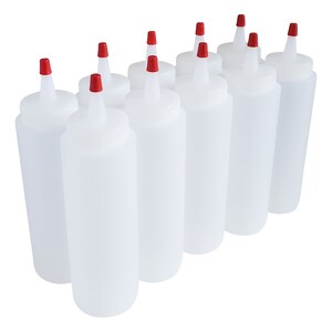 May include: Ten clear plastic squeeze bottles with red caps. The bottles are all the same size and shape, and they are arranged in a row.