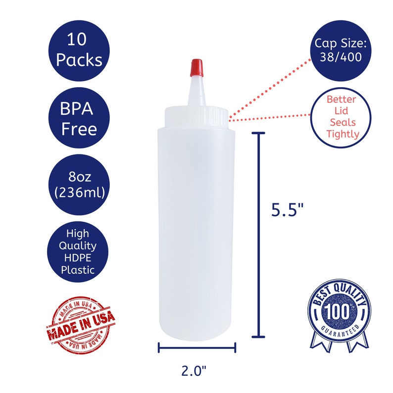 May include: A pack of 10 clear plastic squeeze bottles with red caps. Each bottle holds 8 ounces (236 ml) and is 5.5 inches tall and 2 inches wide. The bottles are BPA free and made of high quality HDPE plastic. The bottles are labeled "Made in USA".