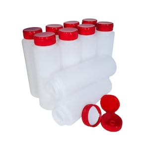 kelkaa 8oz HDPE Plastic Squeeze Bottles with Wide Mouth Opening, Red Flip Caps for Condiments and Any Thick Liquid Products (Pack of 10)