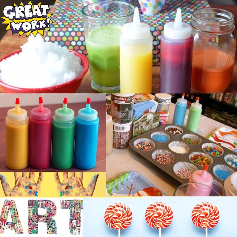 May include: A colorful art activity set with squeeze bottles of paint, sprinkles, and lollipops. The bottles are labeled with the word "Art".
