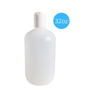 kelkaa 32oz HDPE Durable Boston Round Plastic Bottles with White Press Disc Top Cap for Shampoo, Conditioner, Body Soap, Lotion (Pack of 1)