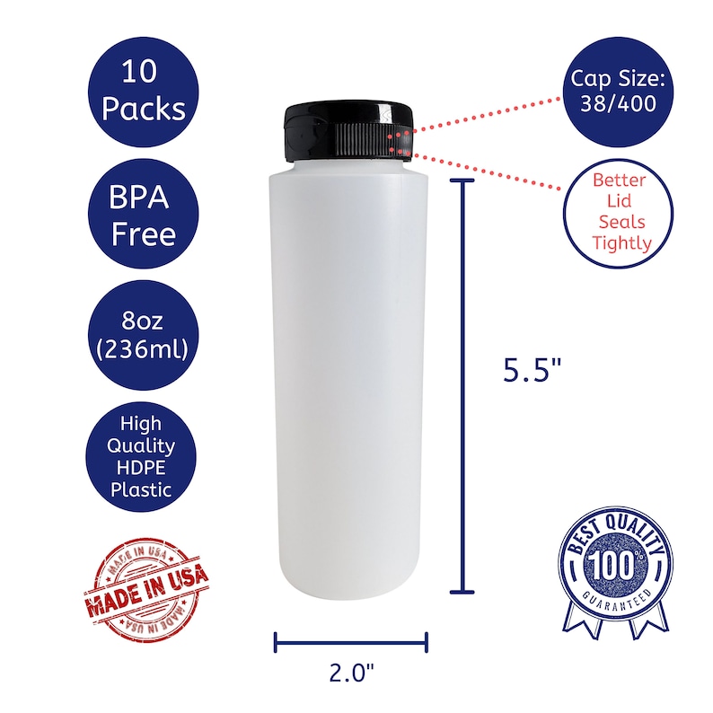 May include: A white plastic bottle with a black lid and a 38/400 cap size. The bottle is 5.5 inches tall and 2 inches wide. It is labeled "8oz (236ml)" and "Made in USA". The bottle is part of a 10 pack and is BPA free. The bottle is made of high quality HDPE plastic. The bottle is guaranteed to be of the best quality.