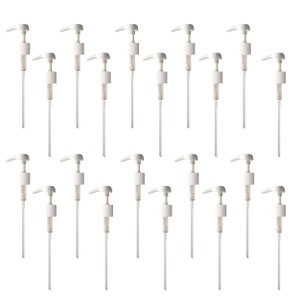 Peut inclure: Vingt flacons pompe en plastique blanc avec un long tube transparent fin. Les flacons ont un bouchon blanc avec une petite poignée.