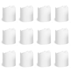 May include: Twelve white plastic bottle caps with a small lip around the top edge. The caps are arranged in four rows of three.