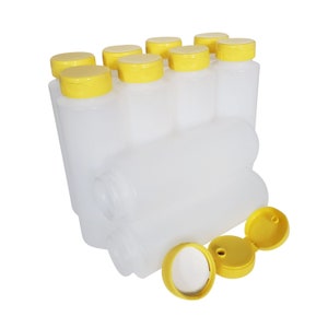 kelkaa 8oz HDPE Plastic Squeeze Bottles with Wide Mouth Opening, Yellow Flip Caps for Condiments and Any Thick Liquid Products (Pack of 10)