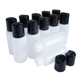 kelkaa 1oz HDPE Durable Plastic Travel Size Bottles with Black Press Disc Top Cap - Multi-Purpose Empty Bottles (Pack of 12)