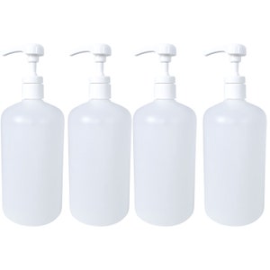 kelkaa 32oz Boston Round Plastic Bottles with White Industrial Smooth Lotion Pump for Shampoo, Conditioner, Body Soap, Lotion (Pack of 4)