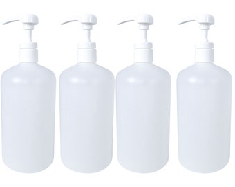May include: Four white plastic pump bottles with white pumps. The bottles are empty and have a smooth, opaque finish.