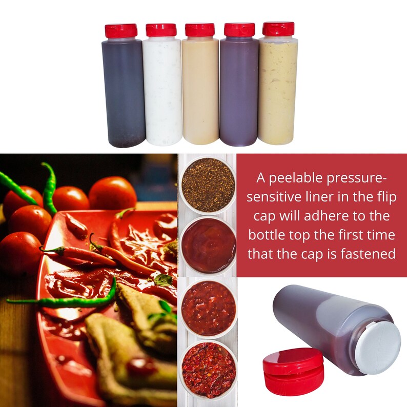 May include: Five clear glass bottles with red lids, filled with different colored liquids. The bottles are arranged in a row on a white background. A peelable pressure-sensitive liner in the flip cap will adhere to the bottle top the first time that the cap is fastened.