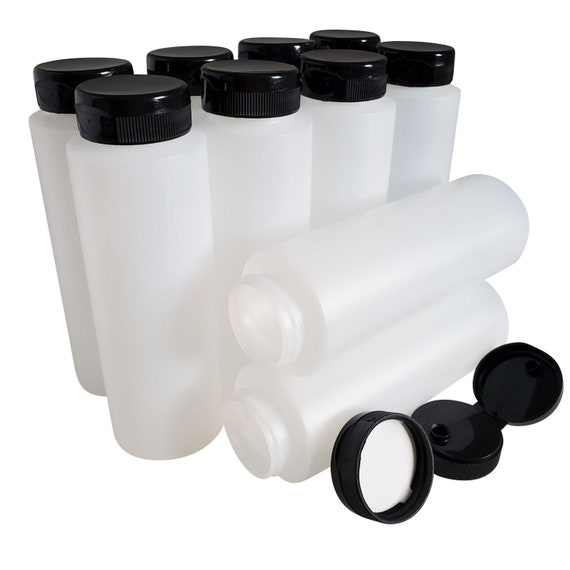 kelkaa 8oz HDPE Plastic Squeeze Bottles with Wide Mouth Opening, Black Flip Caps for Condiments and Any Thick Liquid Products (Pack of 10)