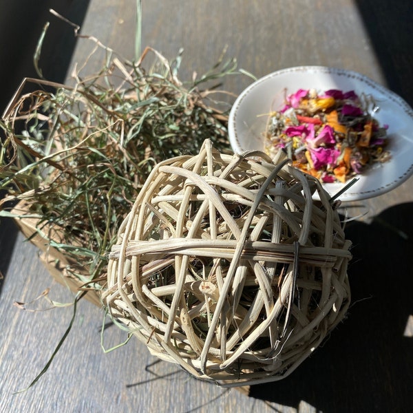 Wicker Forage Ball - Packed Full of Fresh Hay and Our Herbal-Fruit Forgage Mix.  Lots of Safe and Healthy Chewing Exercise for Your Bun!