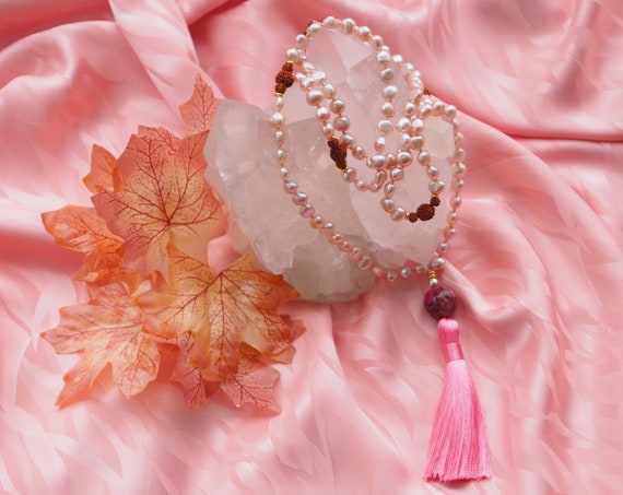 Natural pink pearl 108 (5mm) Japa Mala with Nepali Rudraksha, and purple agate, pink tassel