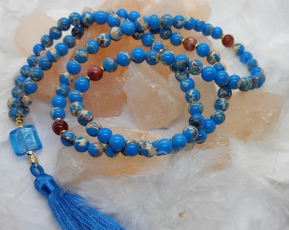 Blue Agate (8mm) Japa Mala - 108 Prayer Beads - Long Beaded Necklace - Balancing Chakras blue tassel