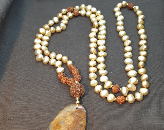 Natural Gold Pearl (6mm) Japa Mala - 108 Prayer pearls, Rudraksha and agatha - Long Beaded Necklace - Balancing Chakras