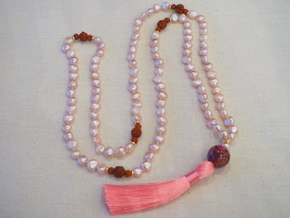 Natural pink pearl 108 (5mm) Japa Mala with Nepali Rudraksha, and purple agate.