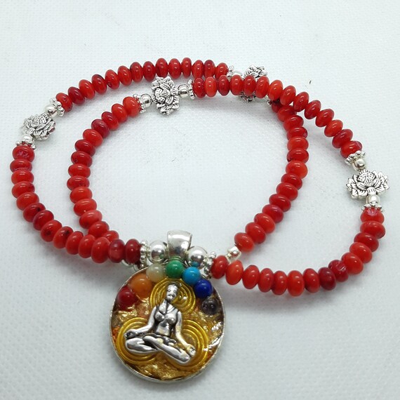 Yoga meditation chakra orgone necklace, coral stone.