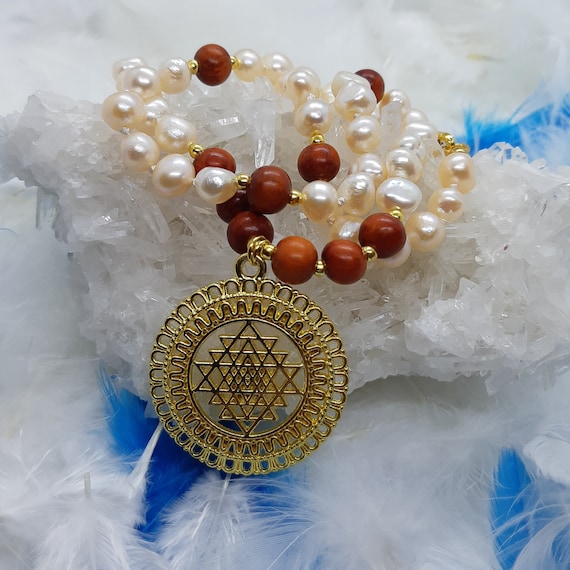 Sri Yantra pendant, natural pearls necklace with wooden beads