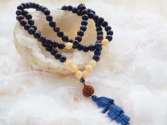 Blue Agate (8mm) Japa Mala - 108 Prayer Beads - Long Beaded Necklace - Balancing Chakras, blue tassel