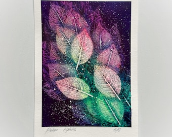Polar lights #5 leaves painting on paper Purple leaves Green Cosmic painting Botanical painting Leaf impressions painting