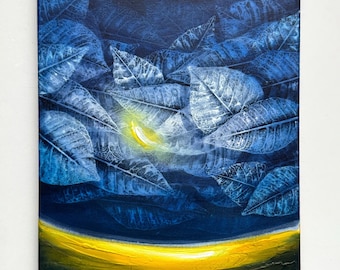 The Light of the night sky Leaf impressions painting Dark blue yellow painting on canvas