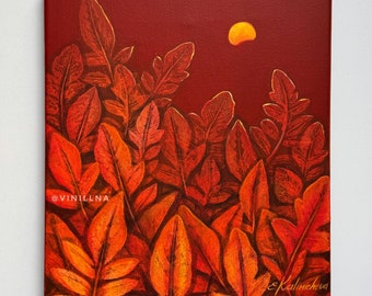 Peinture de coucher de soleil orange de profondeur Peinture de feuilles d'oranger Peinture de feuilles de coucher de soleil Peinture d'impressions de feuilles