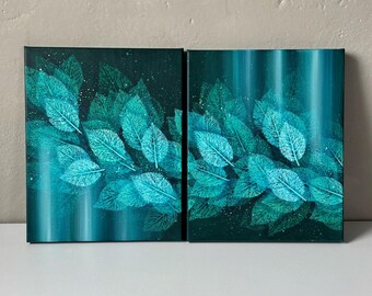 You and I Diptych painting Greenish leaves painting Botanical Greenish blue painting Starry sky painting