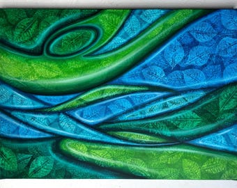 Wild River painting Depth Green Blue leaves painting Leaves impressions painting Botanical painting