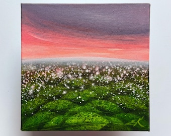 I could feel the magic / Sunset painting on canvas board Green leaves painting Summer landscape painting Leaf impressions painting