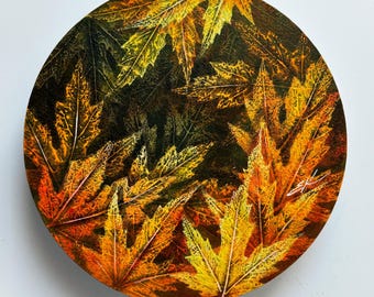 Autumn Maple leaves painting Leaves imprints Yellow Orange leaves painting Autumn landscape Botanical