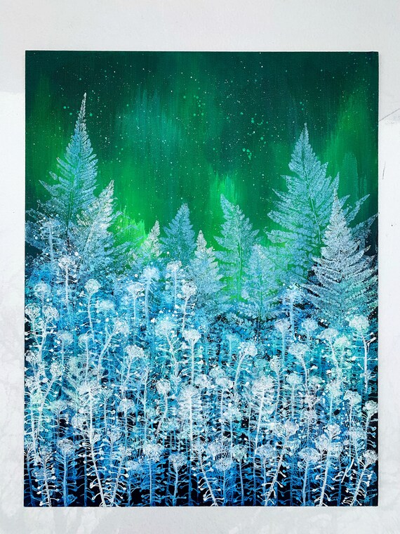 オーロラの冬の風景画　肉筆油彩画 オーロラの冬の風景画肉筆油彩画
