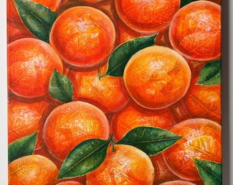 Tangerines painting / Orange painting on canvas Leaves impressions / Botanical