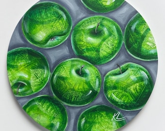 Leafy Green apples painting / Original painting on canvas Leaves impressions / Botanical