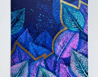 Profondeur Bleu Rose Galaxie peinture Ligne d’or peinture Botanique Feuilles impressions peinture Cosmique peinture