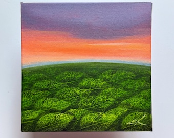 Silence and tranquility / Sunset painting on canvas board Green leaves painting Summer landscape painting Leaf impressions paintin