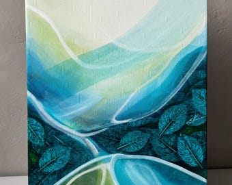 Hourglass painting / Blue Green landscape painting Depth blue greenish leaves painting Leaves Abstract painting