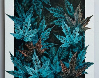 Blue green and Brown leaves painting Maple Leaves imprints Depth leaves painting Autumn landscape Botanical
