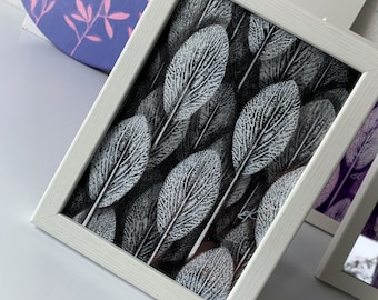 Feuilles de forêt noires et blanches peignant des feuilles peinture originale sur carton en toile