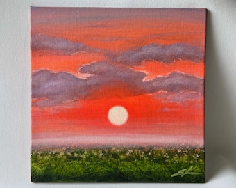 Watching the sunset / Sunset painting on canvas board Green leaves painting Summer landscape painting Leaf impressions paintin