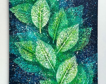 Green lights painting Deep Blue and green leaves painting Botanical painting Leaves impressions painting
