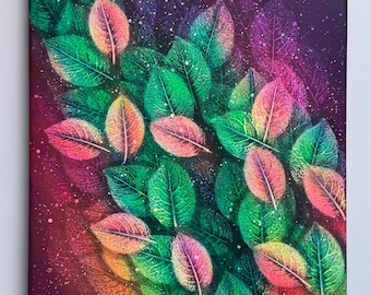 Northern lights leaves painting Purple Green leaves painting Cosmic painting Botanical painting Leaf impressions painting
