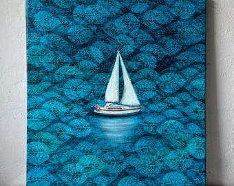Where I feel the touch of the wind / Ocean painting Depth blue leaves painting Leaves impressions painting Seascape painting