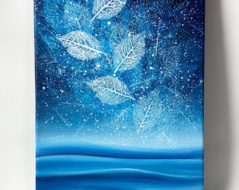 Starfall over the sea Leaf impressions painting Night Blue sky painting on canvas Starry Night painting