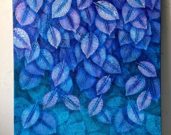 絵画　青と植物 Blue leaves painting Botanical painting Blue deep leaves