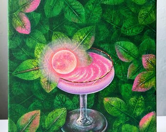 A dreamy moonlight cocktail painting Sweet moon painting Rose painting Depth green leaves painting Pink moon painting