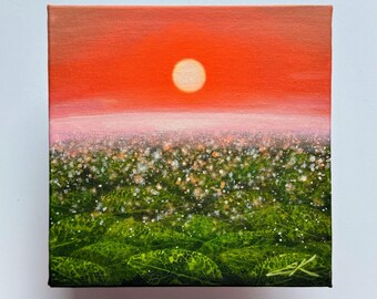 The sunshine I can feel /Sunset painting on canvas board Green leaves painting Summer landscape painting Leaf impressions paintin