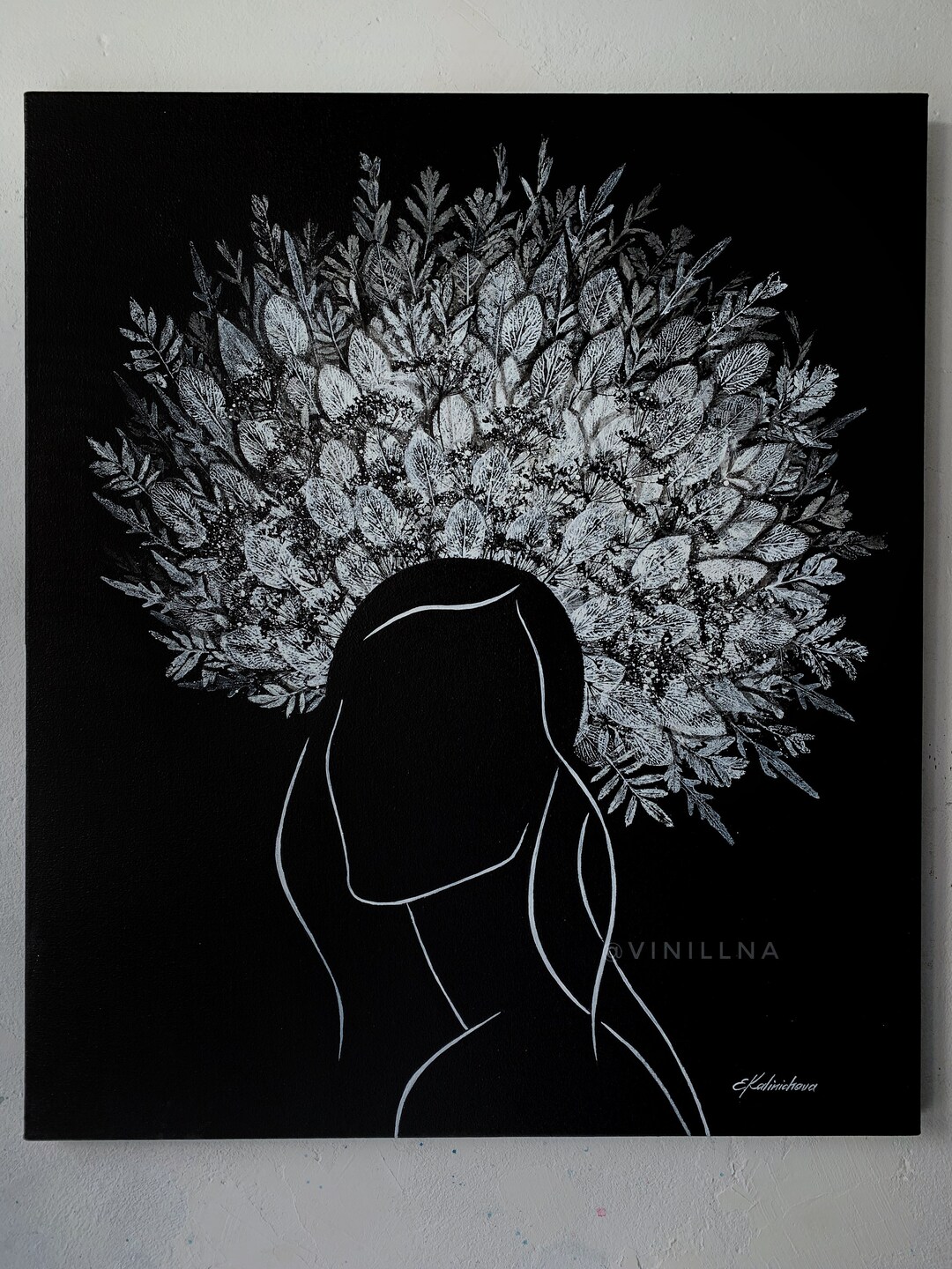 Black and White Girl Painting Natural Leaves Painting on Canvas Etsy