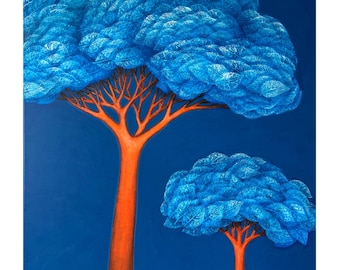 Someday I’ll grow / Original canvas painting/ Blue Orange trees painting on canvas Leaves impressions painting / Botanical