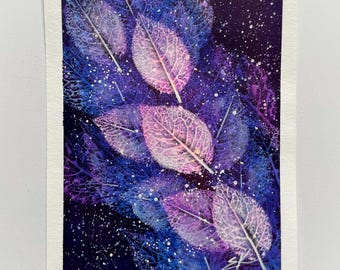 Polar lights #2 leaves painting on paper Purple leaves Cosmic painting Botanical painting Leaf impressions painting